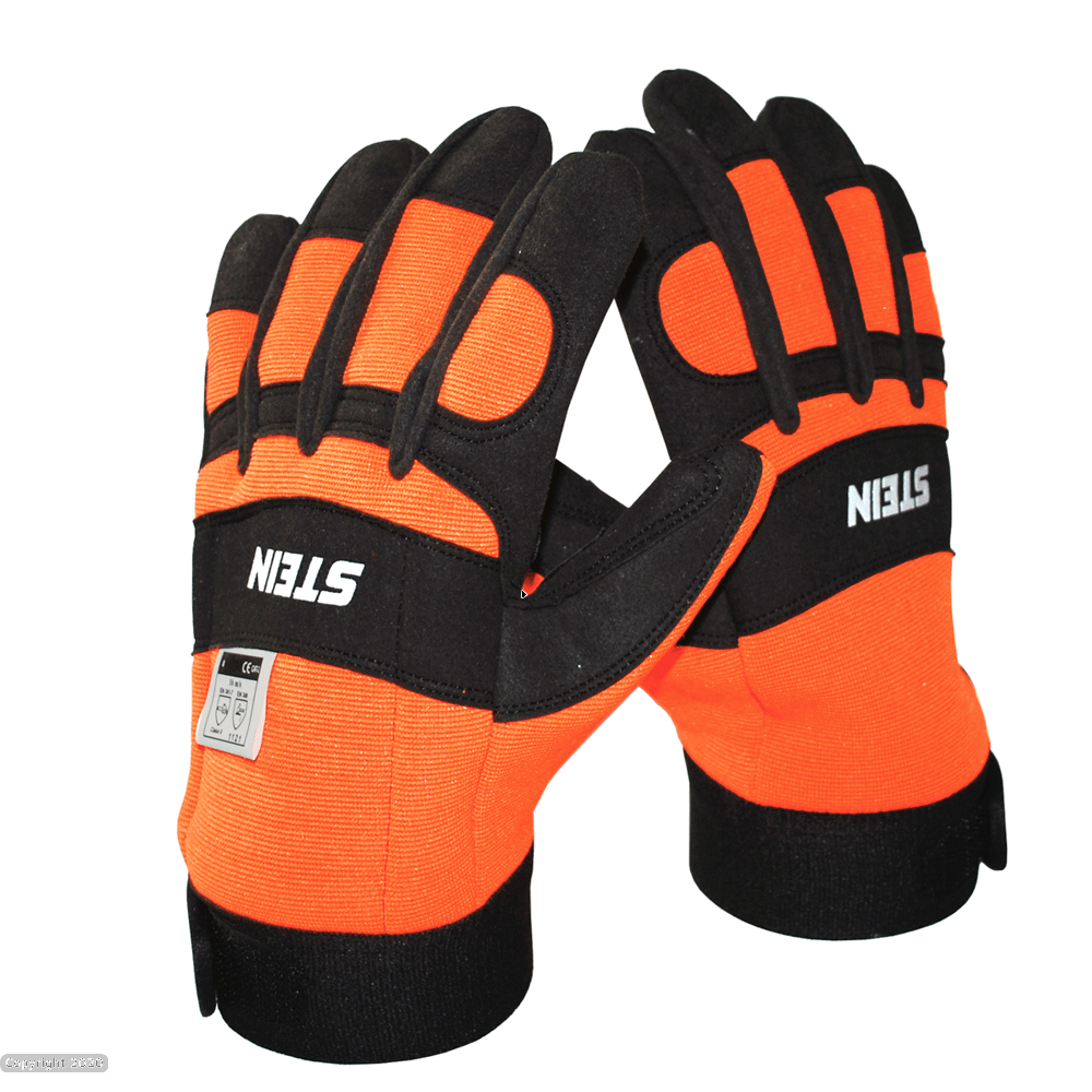 Stein Chainsaw Gloves, Velcro Cuff - Left Hand Protection - Orange - Size 10