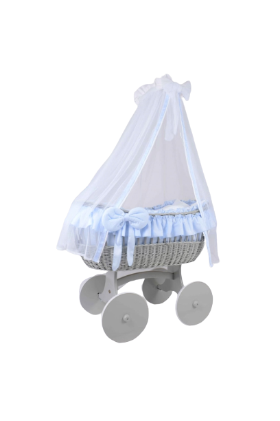 MJ Marks Ophelia Grey and Blue Wicker Crib with Drapes