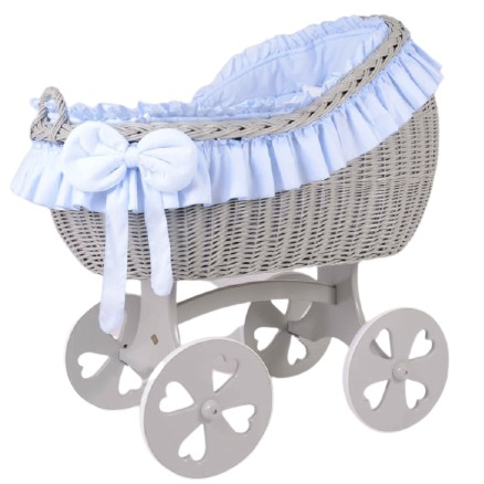 MJ Marks Bianca Grey and Blue Wicker Crib with Bedding - Heart Wheels