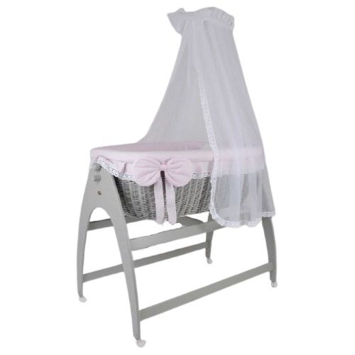 MJ Marks Miranda Grey Wicker Swinging Crib with Pink Bedding & Drapes