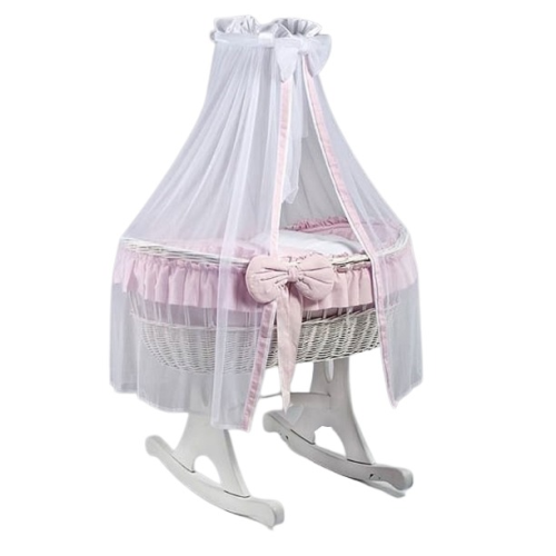 MJ Marks Ophelia Rocking Crib White Wicker Crib with Pink Bedding & Drapes