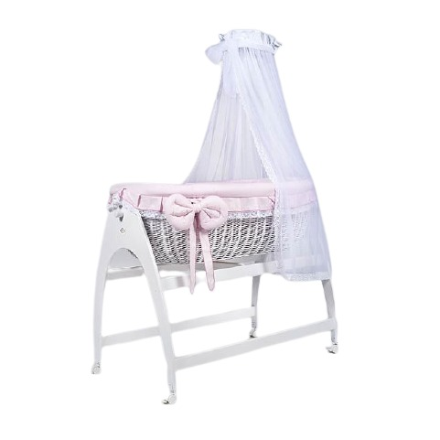 MJ Marks Miranda White Wicker Swinging Crib with Pink Lace Bedding & Drapes