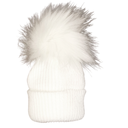 Faux fur white pom pom hat first size.