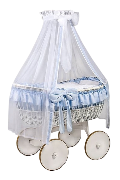 MJ Marks Ophelia White and Blue Wicker Crib with Drapes
