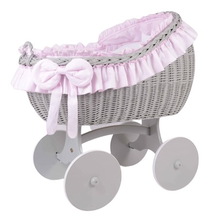 MJ Marks Bianca Pink and Grey Wicker Crib with Bedding