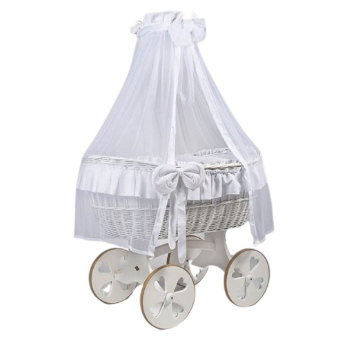MJ Marks Ophelia White and White Wicker Crib with Drapes - Heart Wheels