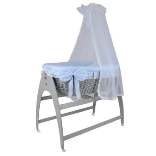 MJ Marks Miranda Grey Wicker Swinging Crib with Blue Bedding & Drapes