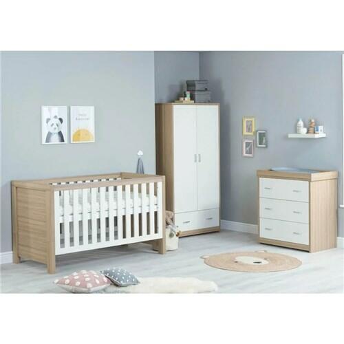 Babymore Luno 3 Piece Nursery Room Set With Under Bed Drawer- Oak White