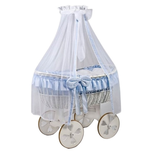 MJ Marks Ophelia White and Blue Wicker Crib with Drapes - Heart Wheels