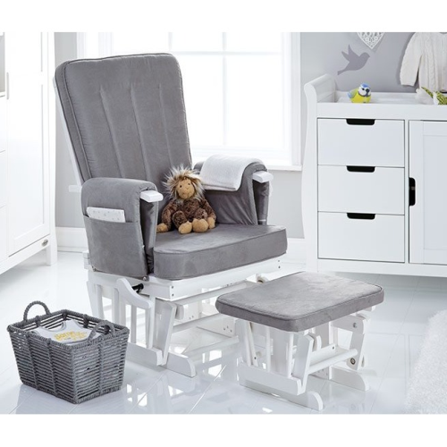 OBaby Deluxe Reclining Glider Nursery Chair & Stool - White & grey
