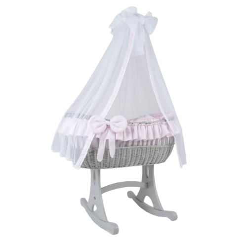 MJ Marks Ophelia Rocking Crib Grey Wicker Crib with Pink Bedding & Drapes