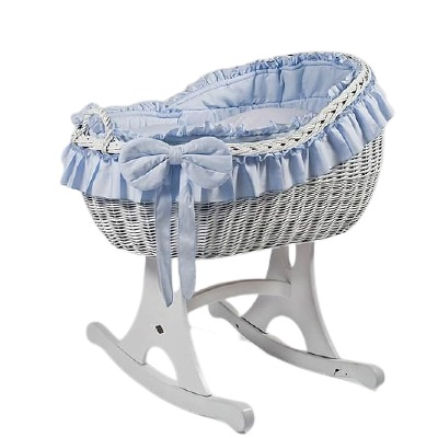 MJ Marks Bianca White Wicker Rocking Crib with Blue Bedding
