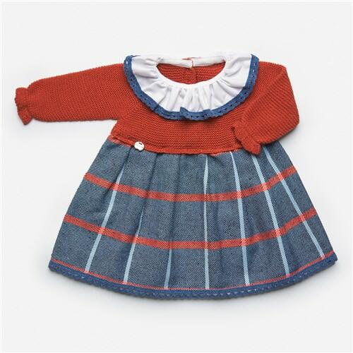 Juliana Baby Girls Knitted Long Sleeved Blue Checked Dress