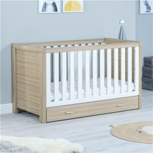 Babymore Luno White Oak Cot Bed with Drawer