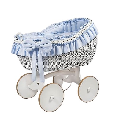 MJ Marks Bianca White and Blue Wicker Crib with Bedding