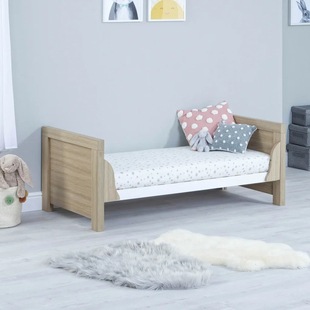 oak and white toddler bed