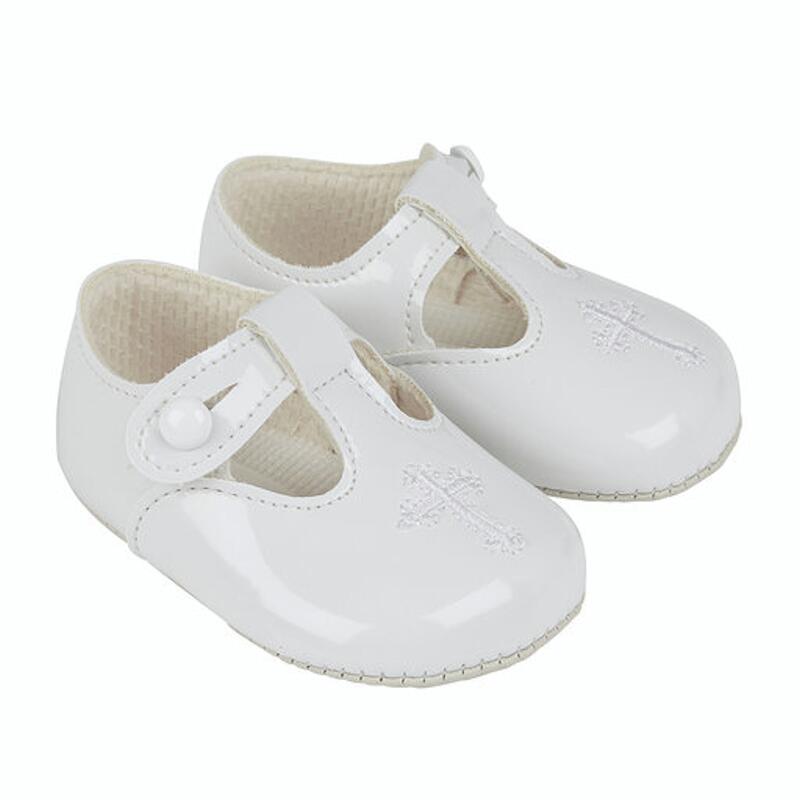 Christening Shoes Patent White Embroidered Cross