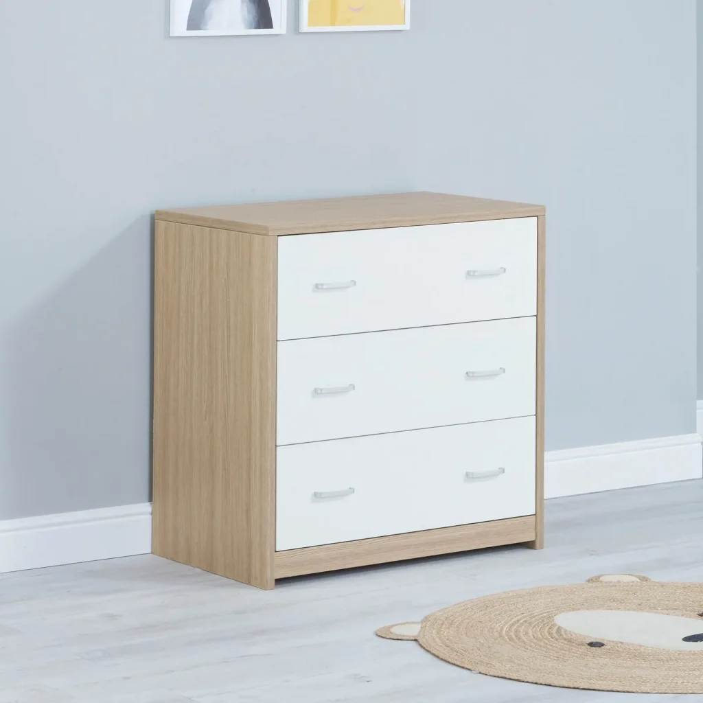 Babymore Luno 3 Piece Nursery Room Set With Under Bed Drawer- Oak White