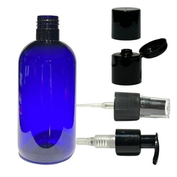 250ml Cobalt Blue plastic bottle with lid options