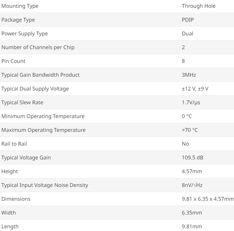 5x RC4558P Texas Instruments Op Amp, 3MHz 8-Pin PDIP