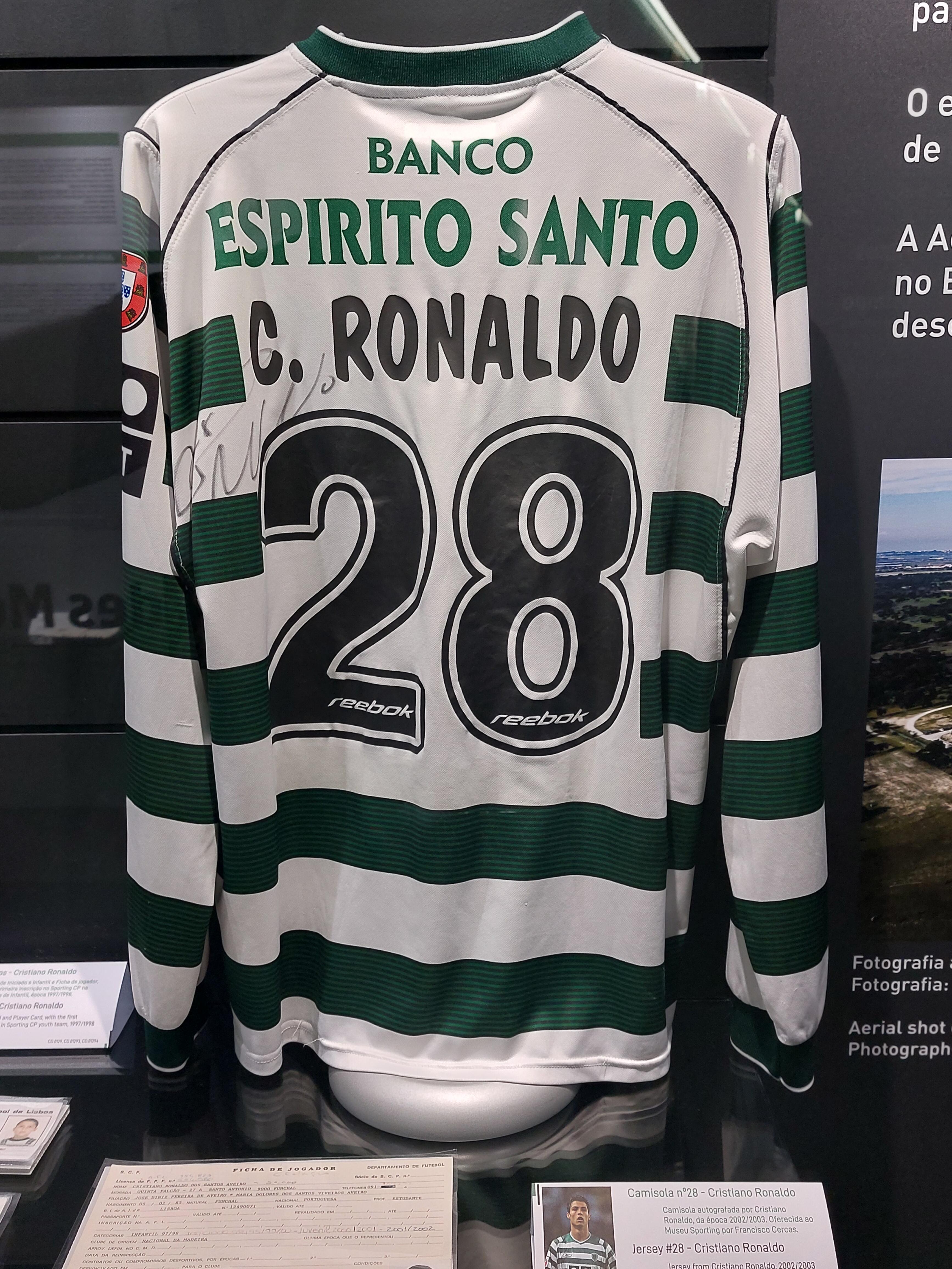 Cristiano Ronaldo's Sporting CP No. 28 shirt displayed at the Sporting Museum in Lisbon