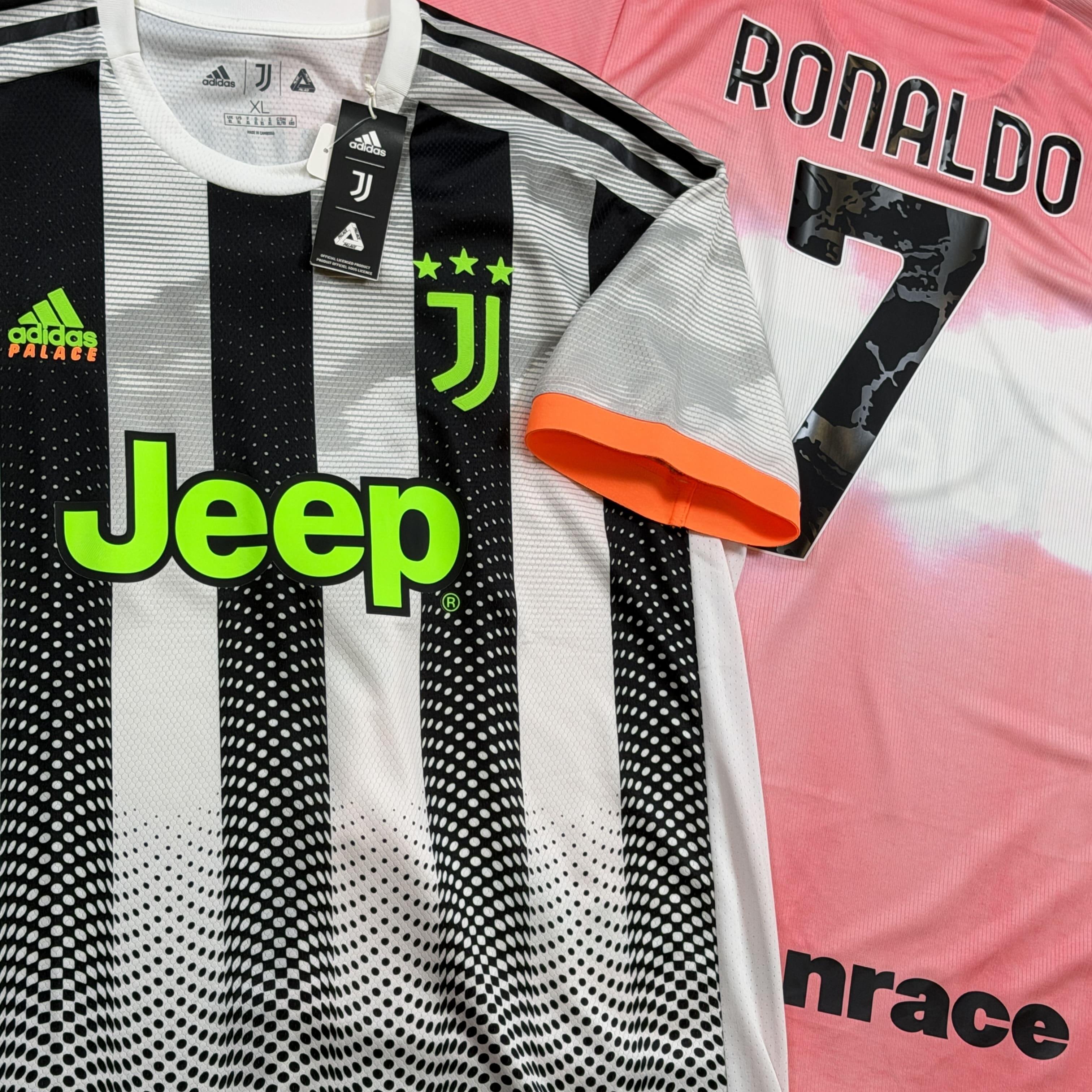 Two Cristiano Ronaldo Juventus shirts: 2019/20 home shirt with Ronaldo #7 on the left and 2020/21 Adidas Human Race special edition shirt with Ronaldo #7 on the right