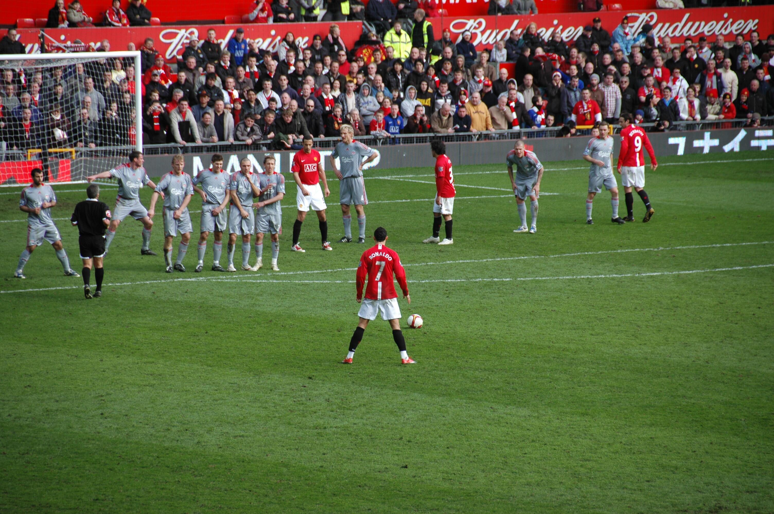 Cristiano Ronaldo taking a free kick during Manchester United versus Liverpool at Old Trafford in March 2009