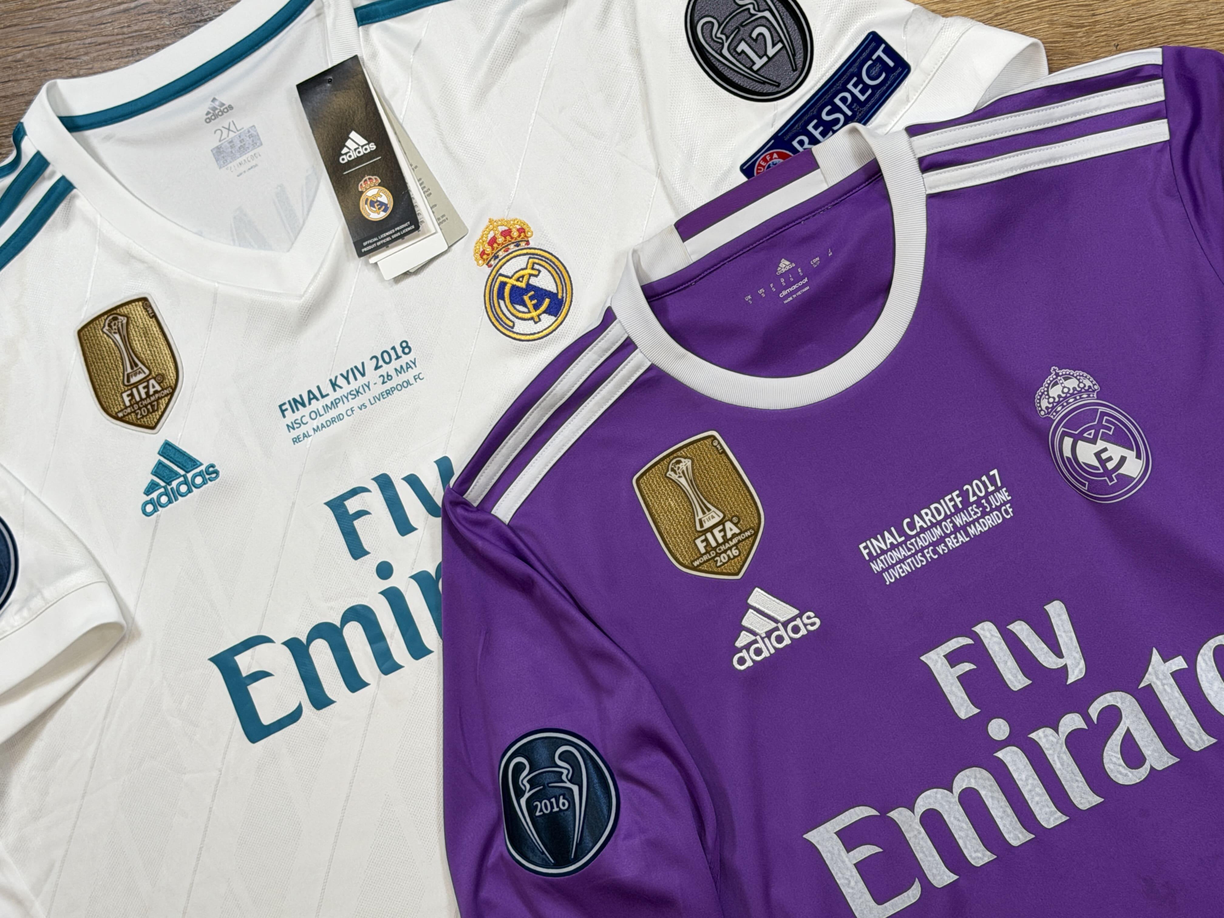 Two Cristiano Ronaldo Real Madrid shirts: 2017/18 home shirt with Ronaldo #7 on the left and 2016/17 long-sleeve away shirt with Ronaldo #7 on the right