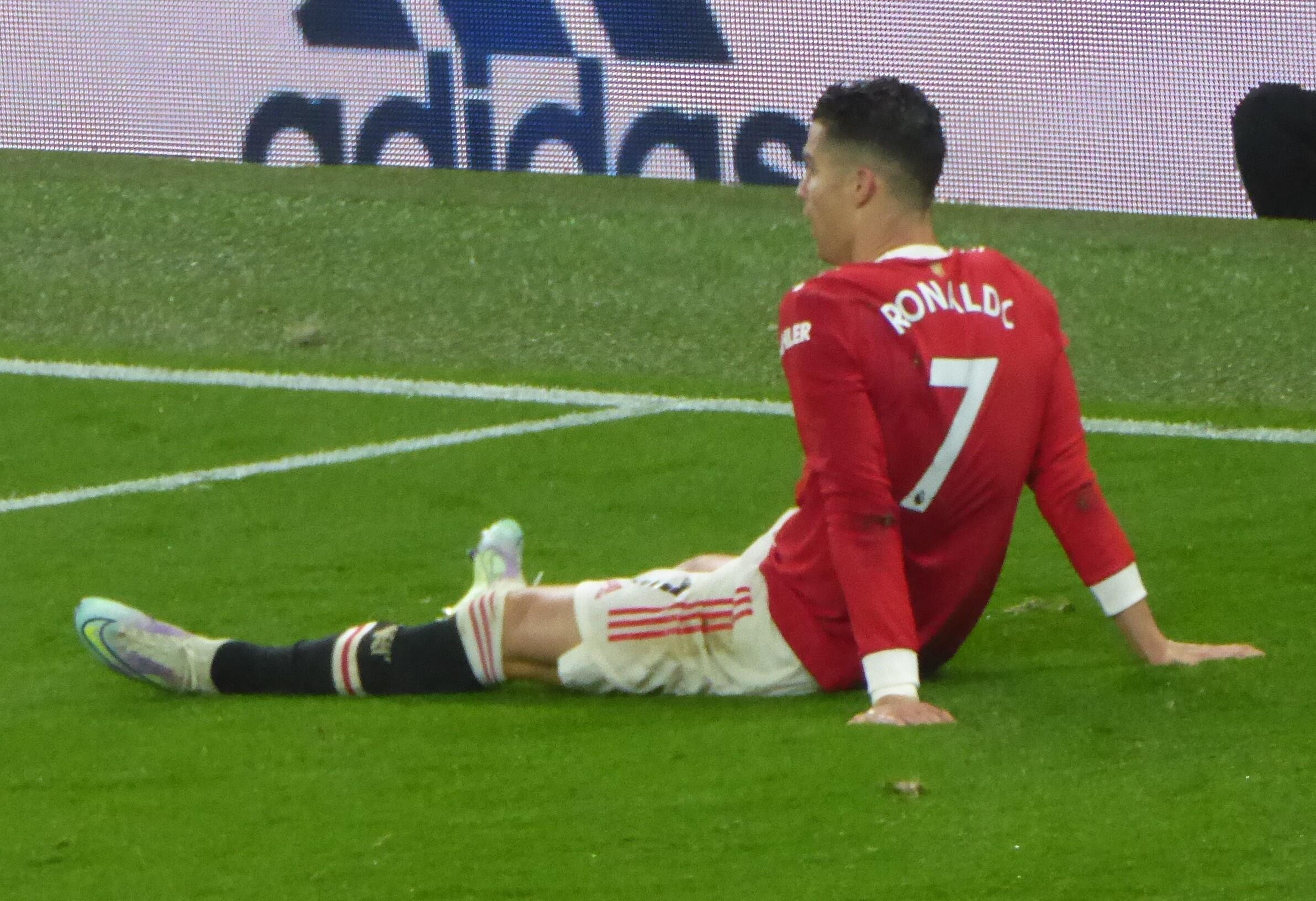 Cristiano Ronaldo taking a penalty for Manchester United against Brentford at Old Trafford on 2 May 2022, wearing the 2021/22 home shirt