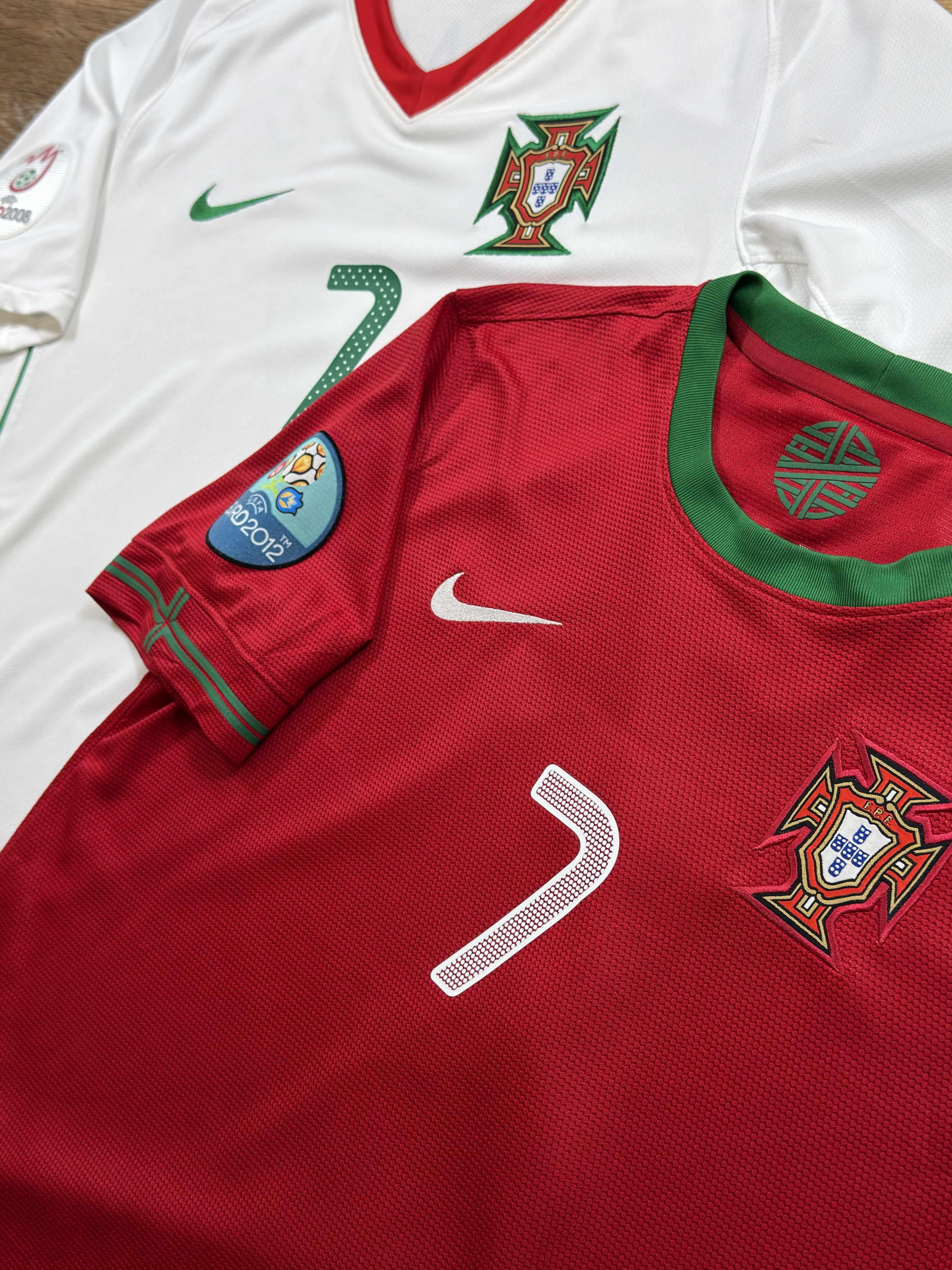 Two Cristiano Ronaldo Portugal shirts: 2008–10 away shirt with Ronaldo #7 and 2012/13 home shirt with Ronaldo #7