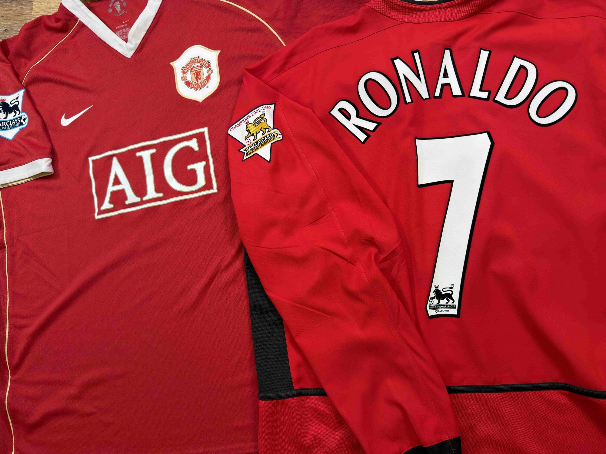 Two Cristiano Ronaldo Manchester United shirts: 2006/07 home shirt with Ronaldo #7 on the left and 2002/04 home shirt with Ronaldo #7 on the right