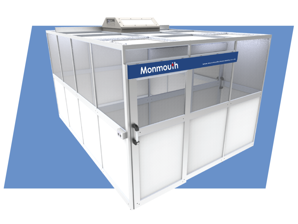 Two-person team assembling a Monmouth modular cleanroom kit on site