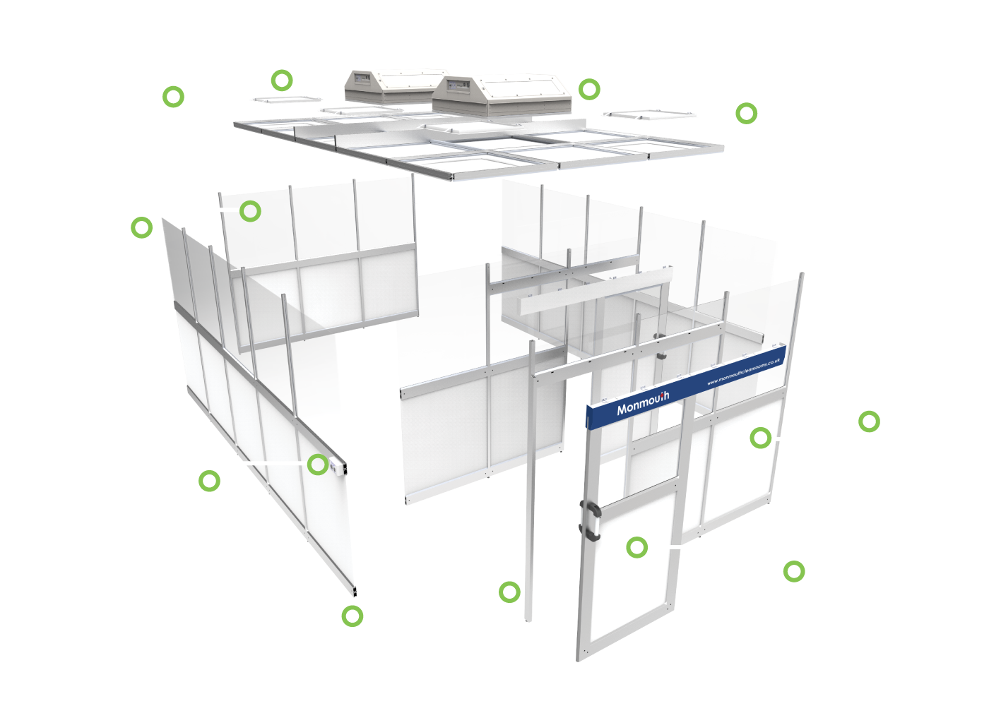 Cleanroom installation in progress: modular wall panels, HEPA ceiling and gowning airlock