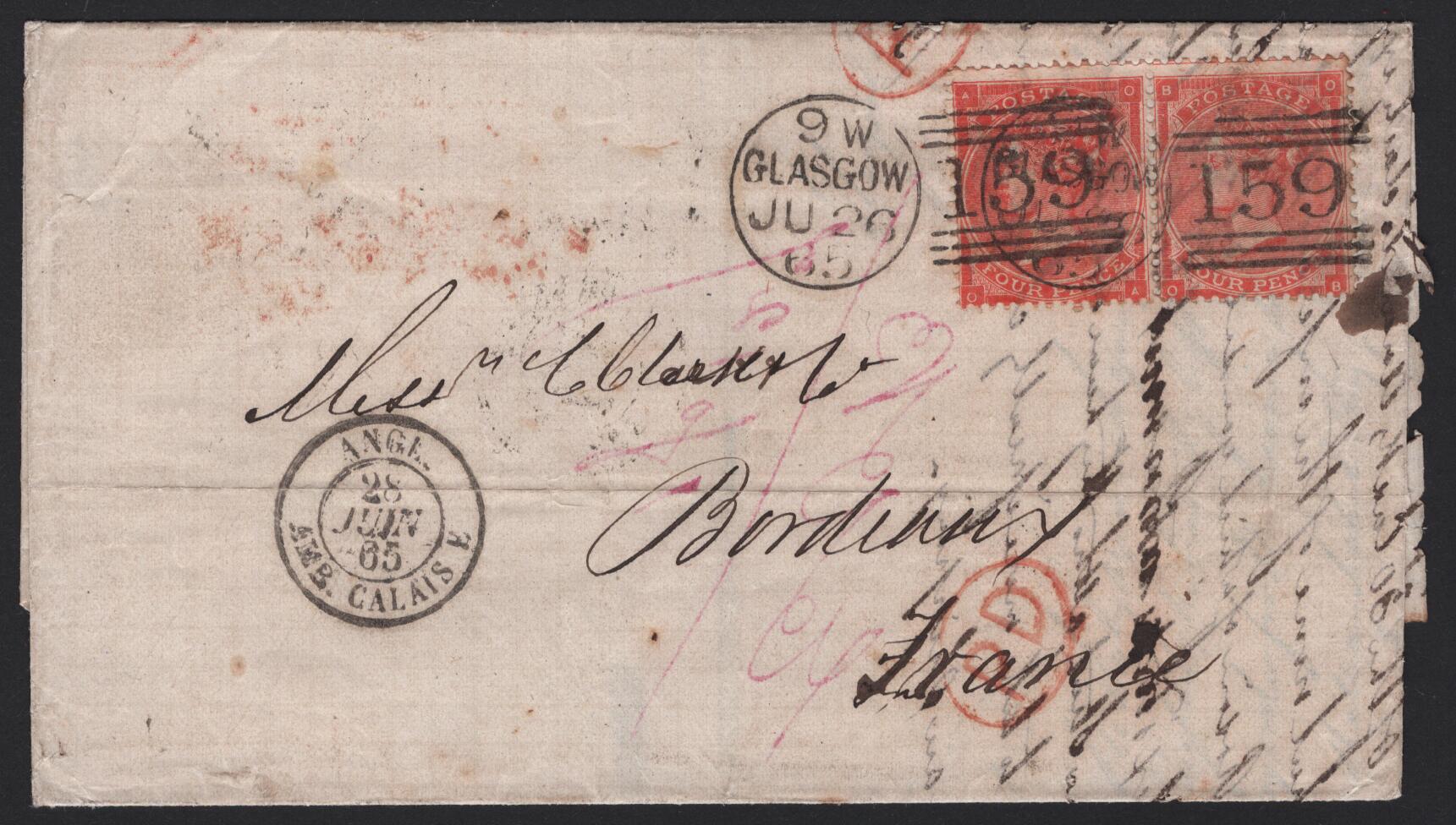 June 1865 wrapper, Glasgow to Bordeaux. Pair of SG81 4d Bright Red, pl4