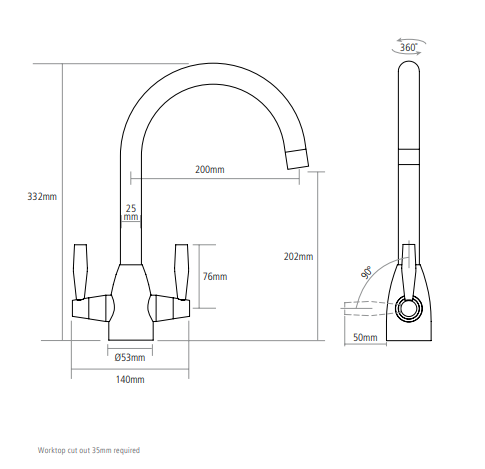 Technical Line Drawing view of Caple Avel stainless steel twin lever kitchen tap showing curved swivel spout and dual lever controls