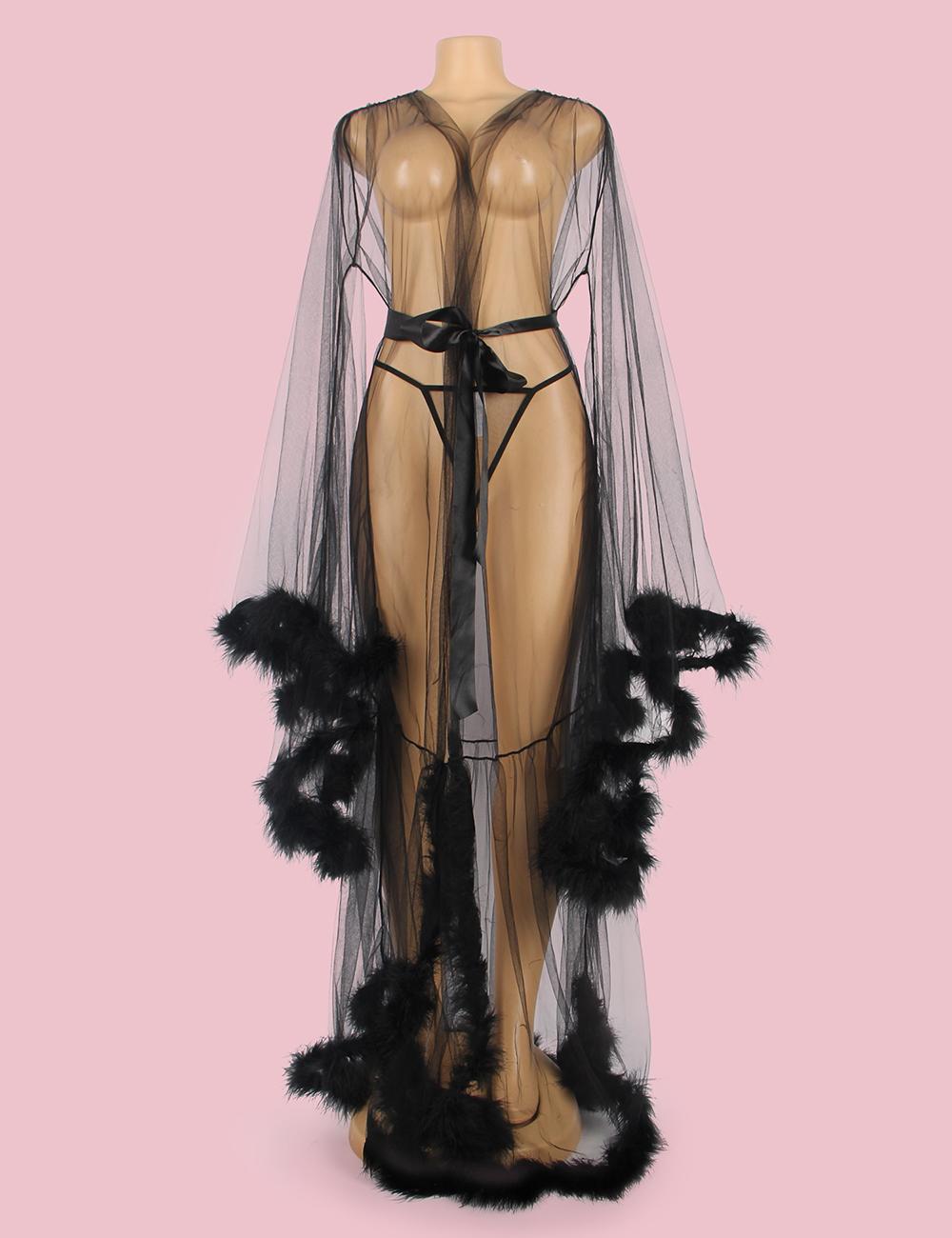 Black Feather Trimmed Long Robe