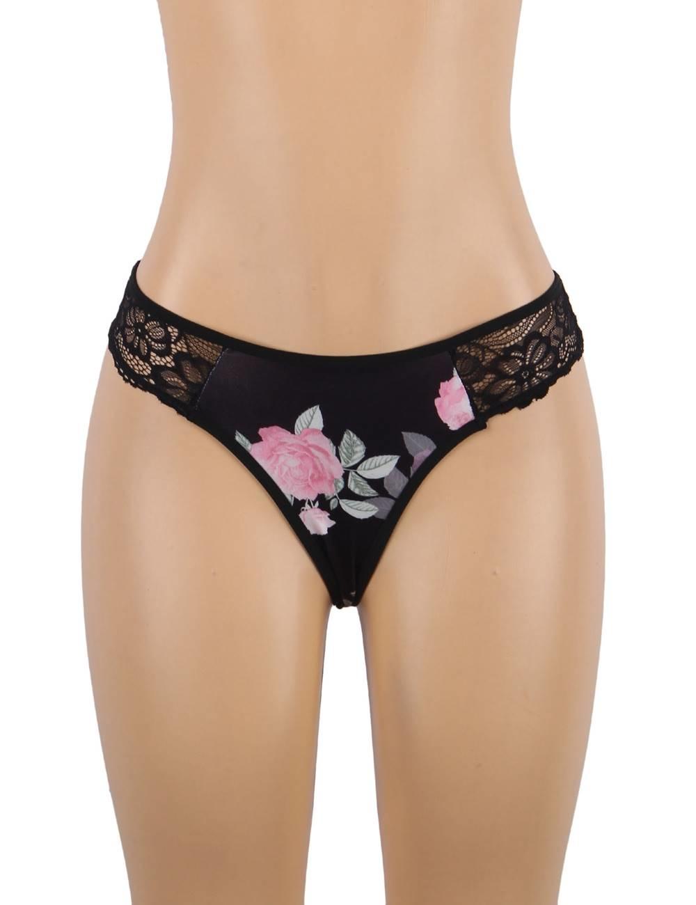 Black Floral Print Babydoll Set matching panty