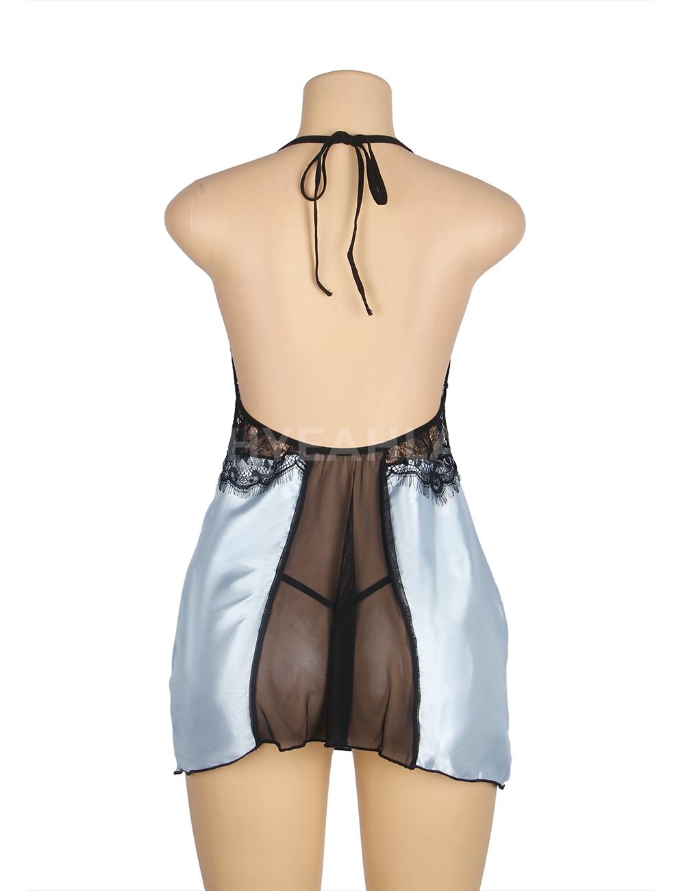 Backless Blue Babydoll set with V-neck from behind