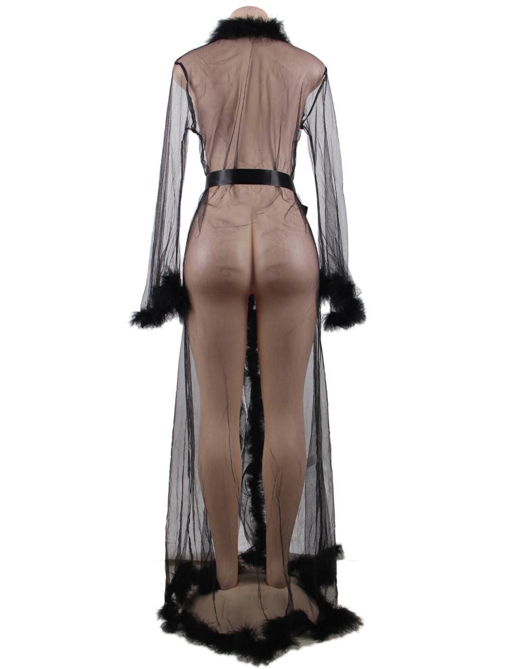 Black Fur Trimmed Long Robe rear view