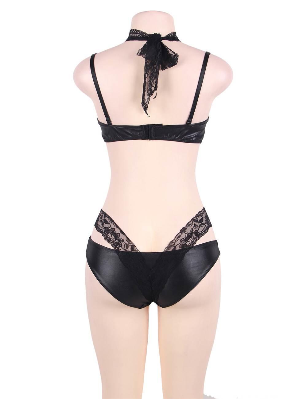 Plus Size PVC & Lace Bra & Brief Set from behind