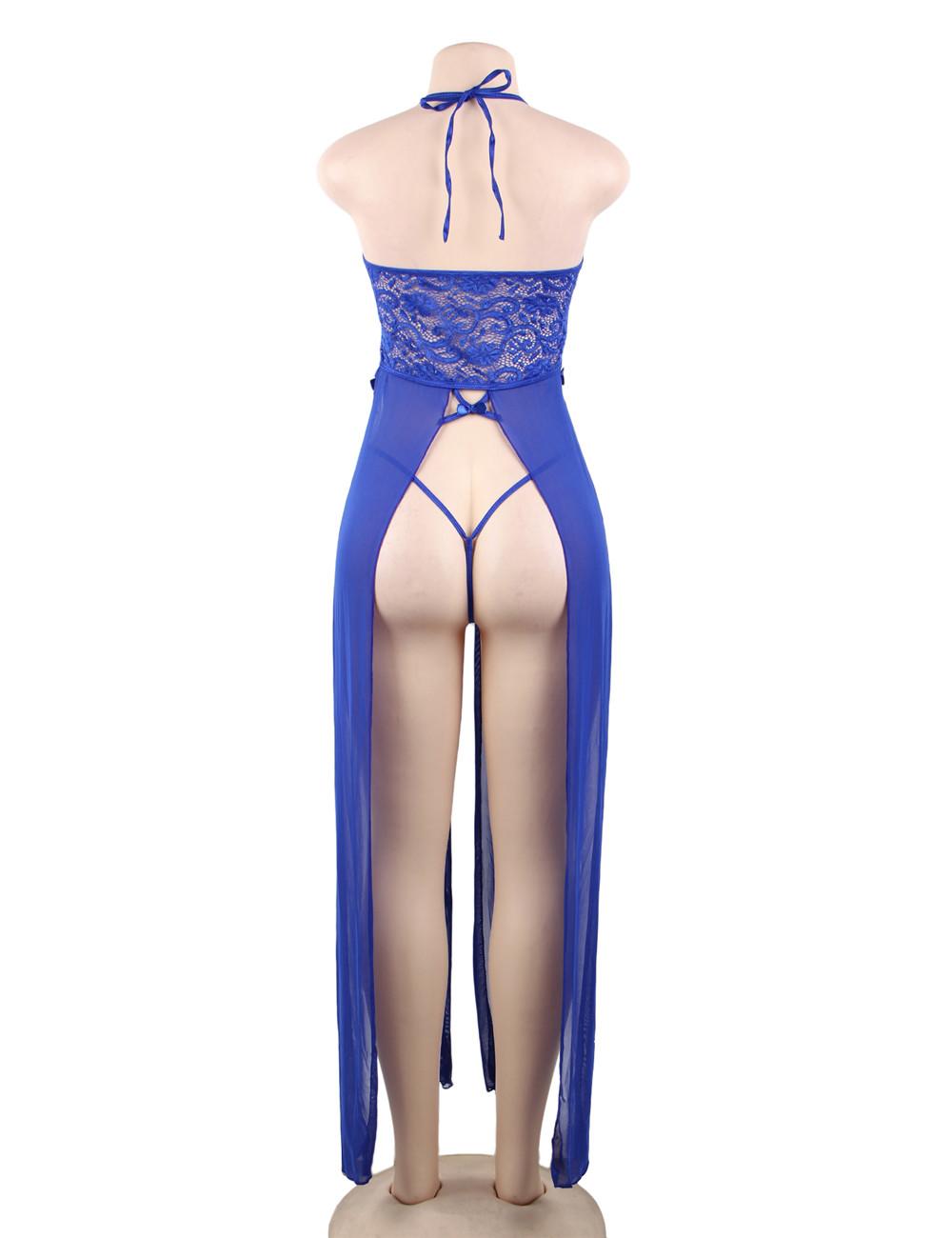 Blue rear Elegant Sheer Lace Long Gown