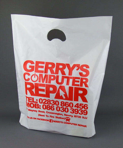 white plastic carrier bags with punched our handle printed