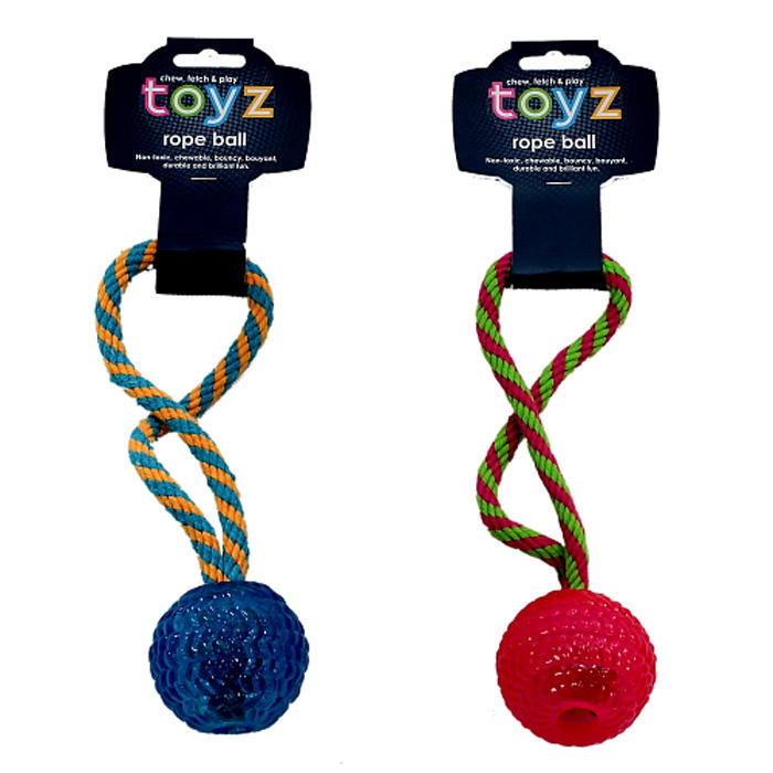 Petface Toyz Rubber Rope Ball in pink, blue or green