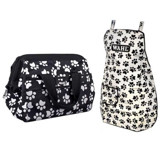 Walh black and white paw print apron and frogmouth bag for groomimg