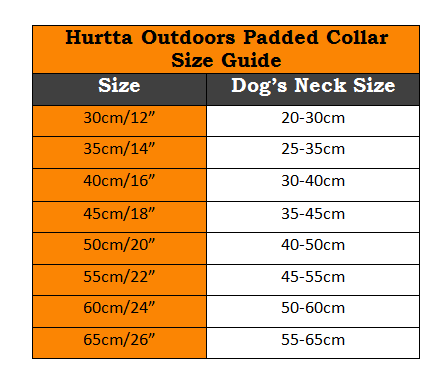 Hurtta Outdoors Padded Collar - Size Chart