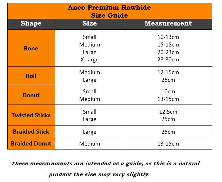 Anco Premium Quality Rawhide Size Chart