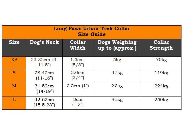Long Paws Urban Trek Reflective Neon Collar Size Guide