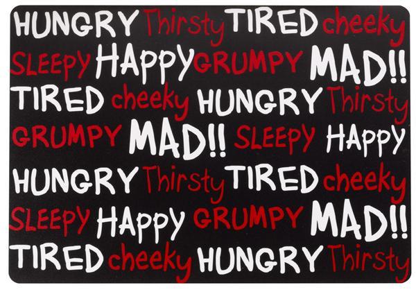 Petface Placemat Hungry Thursty design black background with red and white writing