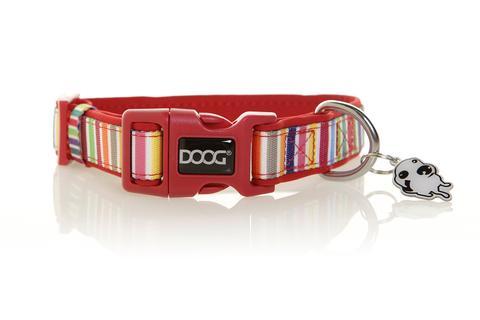 DOOG neoprene dog collar - Scooby - red with multi coloured vertical stripes design