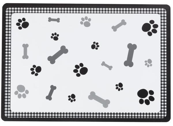 Petface Placemat Black Bones design with grey bones, black and grey paw prints on white background with whie border